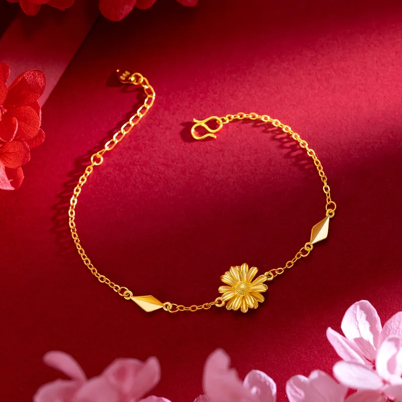 24k Real Gold Advanced Ins Zhou Family Daisy Bracelet Fresh, Sweet, Versatile Sun Flower Fine Bracelet for Women Fine Jewelry