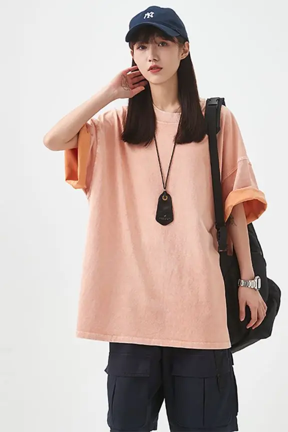 Maxdutti 2023 Summer  High Street Fashion Vintage Washed Cotton Tops Round Neck Drop Shoulder Loose T-shirts Tops Tshirts Women