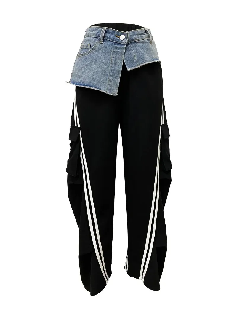 Pantalon en Denim à Jambes Larges pour Femme, Survêtement à Poches, Taille Haute, Streetwear, Tendance