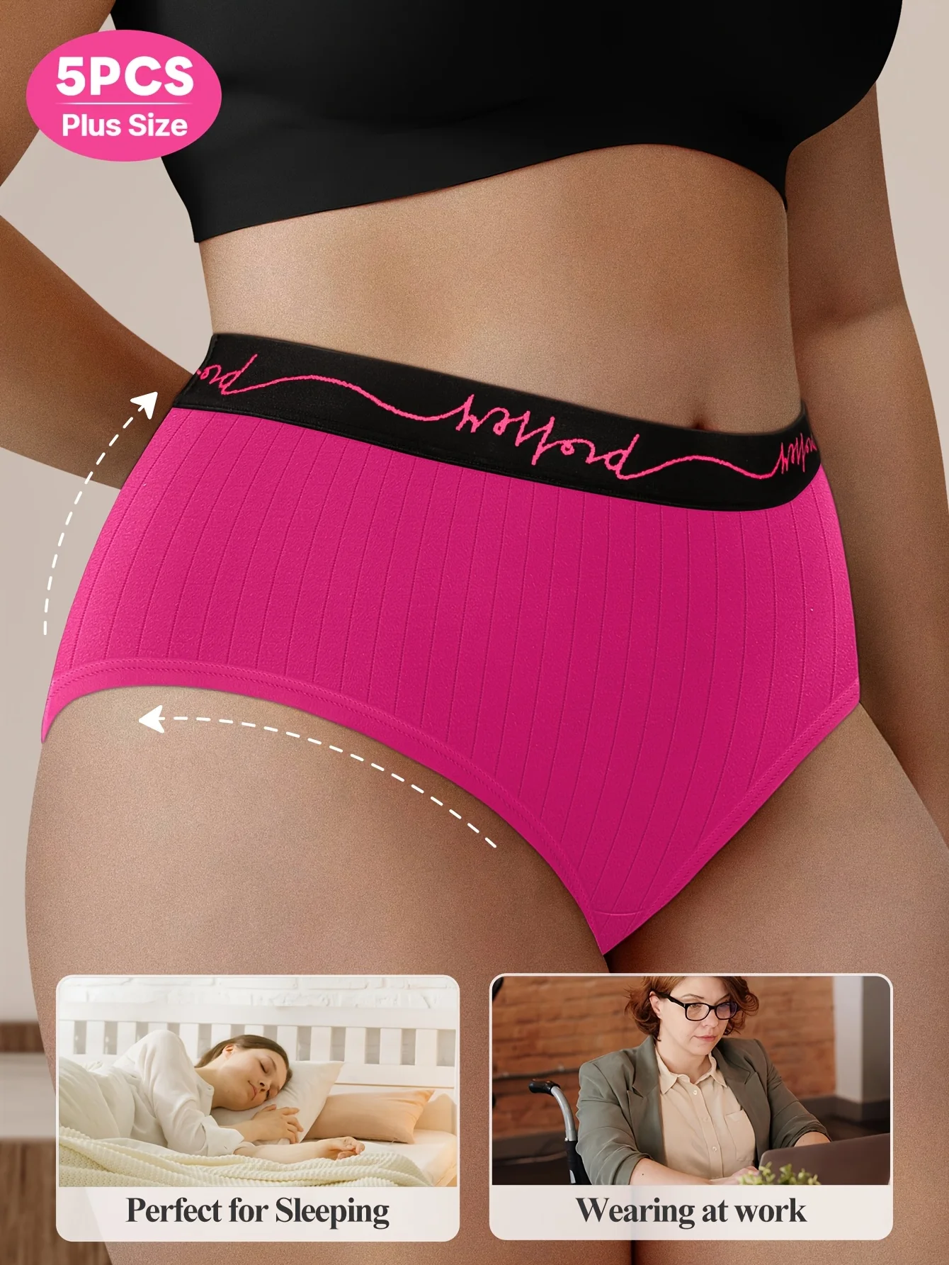 Balení 5 kusů dámského spodního prádla pro plnoštíhlé ženy se středním pasem, s nápisem v pase a svislými pruhy. - náhled 6