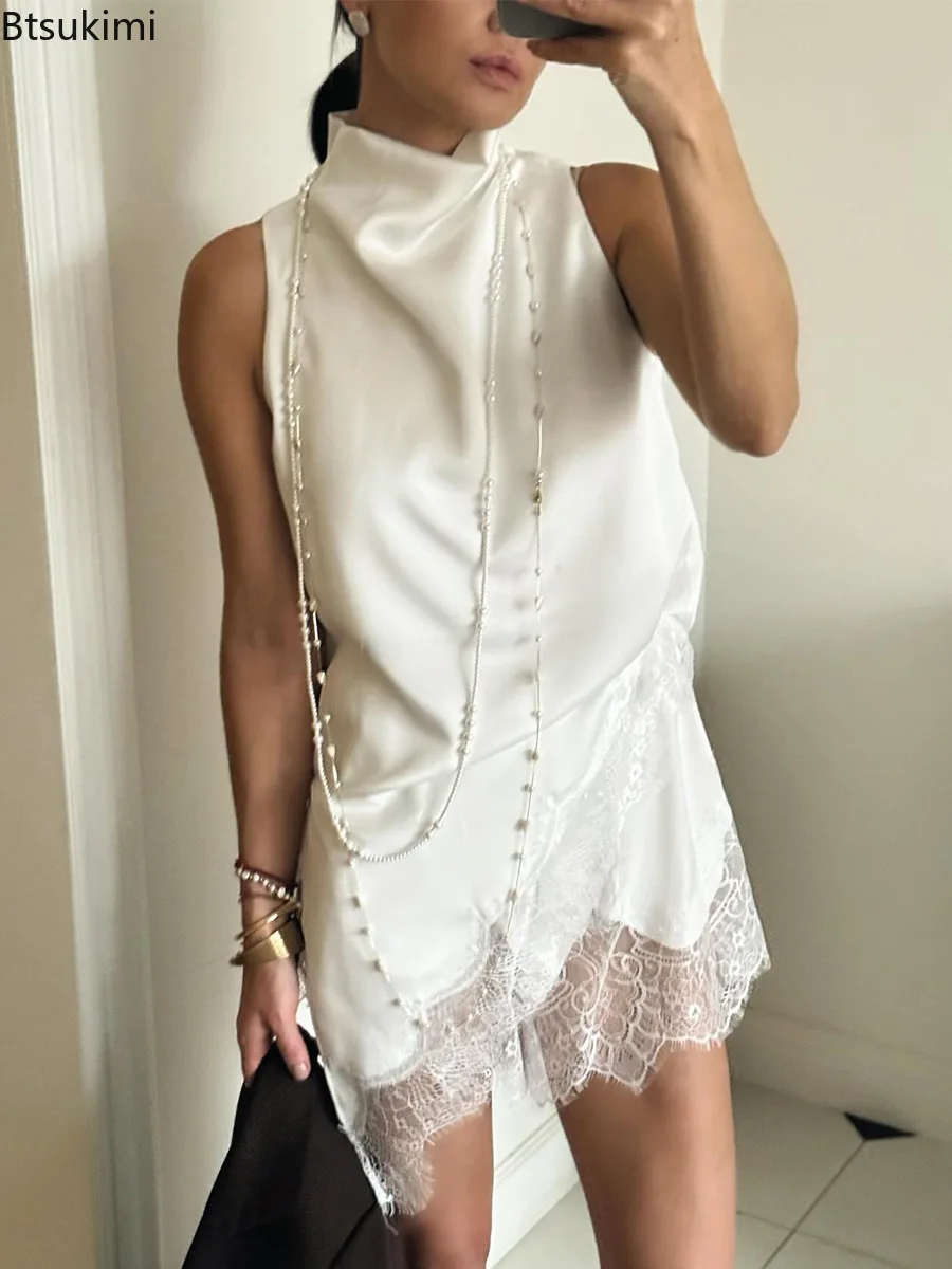 Women Satin High Neck Sleeveless Tank Top Delicate Lace Trim Irregula Vest Summer Elegant Casual Daily Party Streetwear Outfit