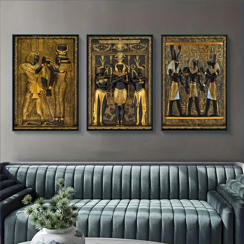 3PCS Frameless Ancient Egyptian Canvas Wall Art Pharaoh Hieroglyphics Gold Black Print Retro Living Room Home Decor