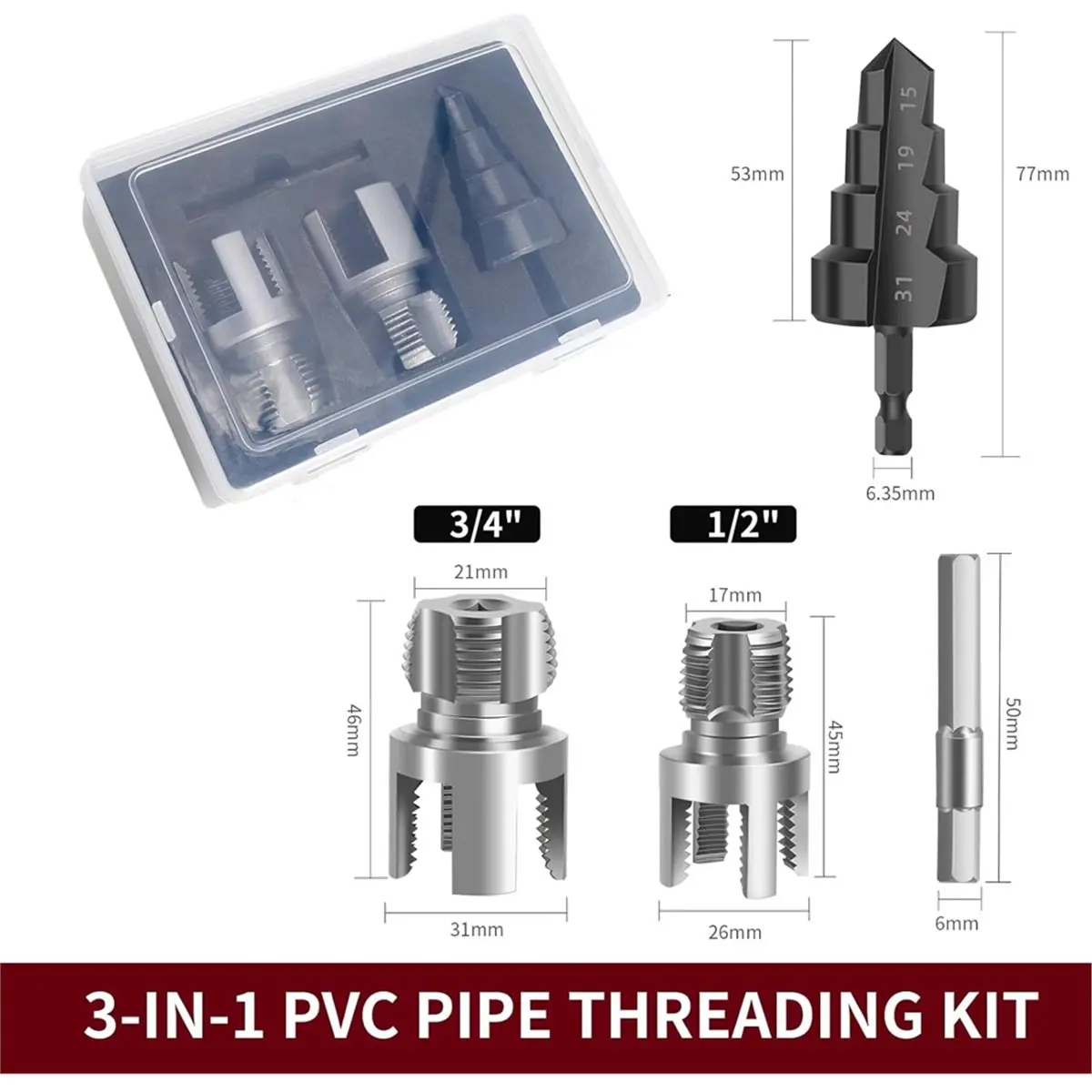 3Pcs PVC Pipe Threading Tool Kit, Includes 1/2" & 3/4" Internal/External Thread Cutters, Reamer and Step Drill Bit