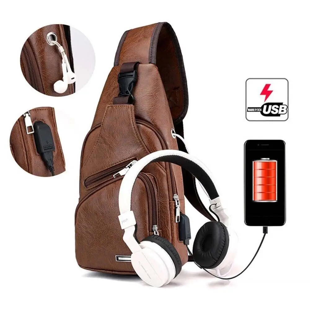 Multifunction Shoulder Strap Single Strap Crossbody Bag Men's Sling Bag USB Charging Chest Bag with Headset Hole
