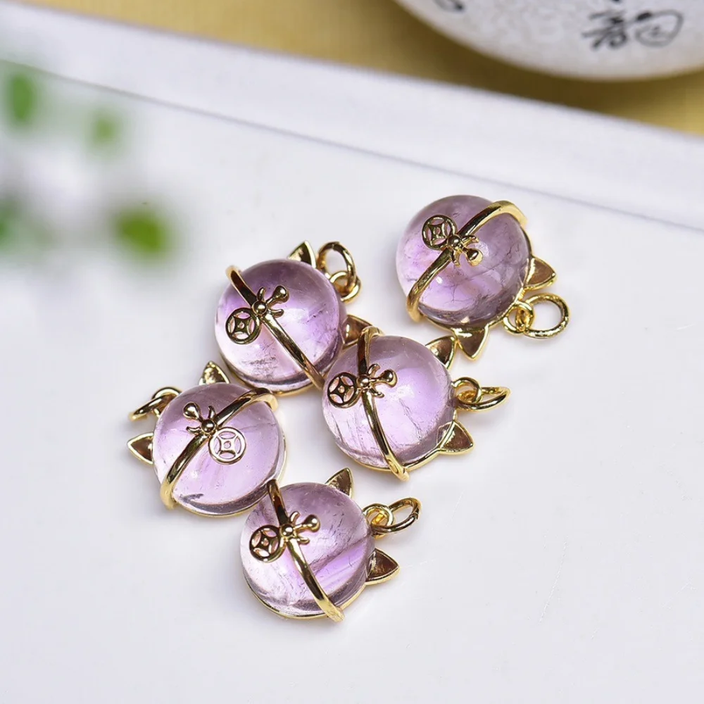 6PCS Natural Amethyst Cat Carving Pendant Crystal Carving Children Cute Jewelry Healing Holiday Gift 12MM