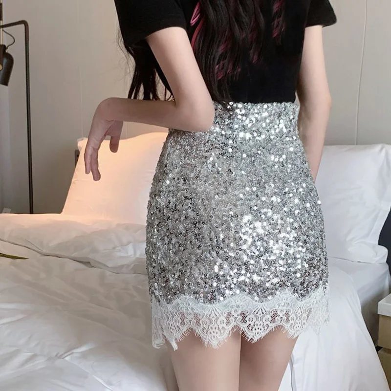 Rimocy Sexy Silver Sequin Skirt Woman Lace Patchwork High Waist Mini Skirts for Women Shiny Party Night Club Dance Skirt Ladies