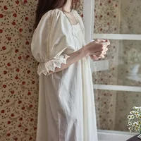 100% Cotton Princess Vintage Long Nightgowns French Embroidery Square Collar Short Sleeves Nightdress Ankle-Length Loose Nightie - Image 4