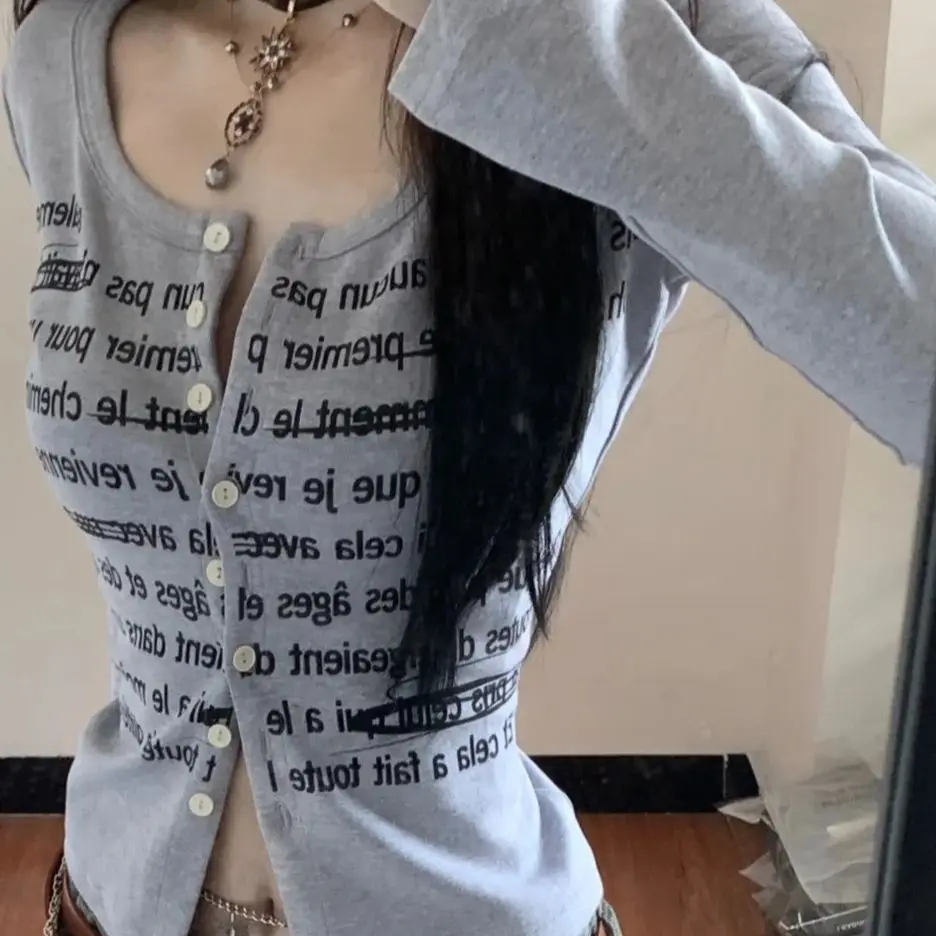 Vintage American Elegant Cardigan Women Knitwear Vintage Long Sleeve Letter Print Tops Female Korean Design Sense Casual Top