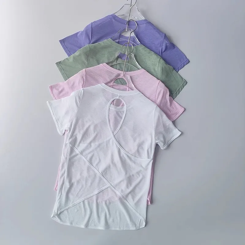 

Women's Tight Sports T-shirt Quick Dry Short Sleeve Yoga T-shirt Pilates Fitting Fitness Back Hollow Out Running T-shirt