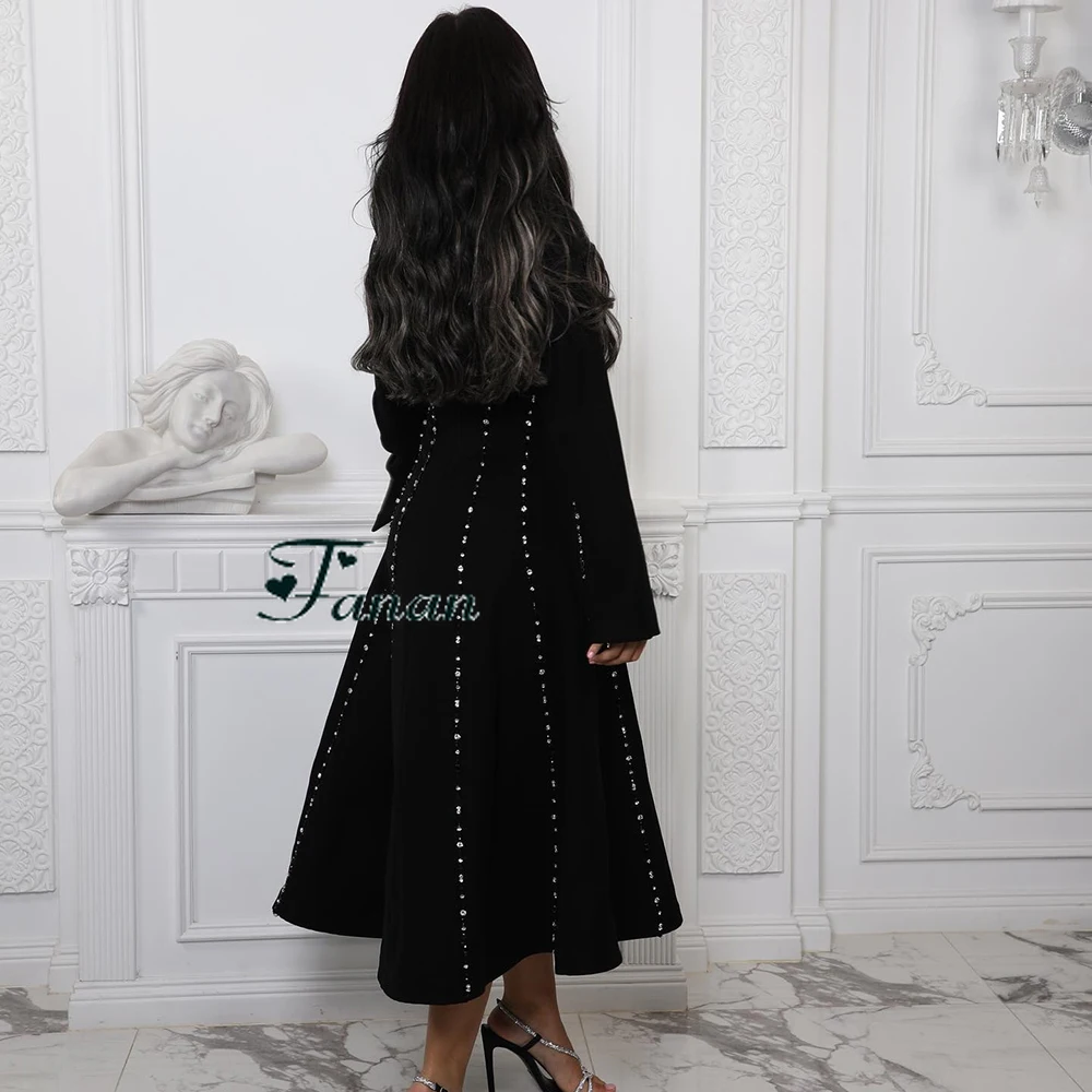 Vestido de noite formal personalizado com gola quadrada, linha a, mangas completas com cristal, vestido de festa drapeado, comprimento de chá, vestido de baile