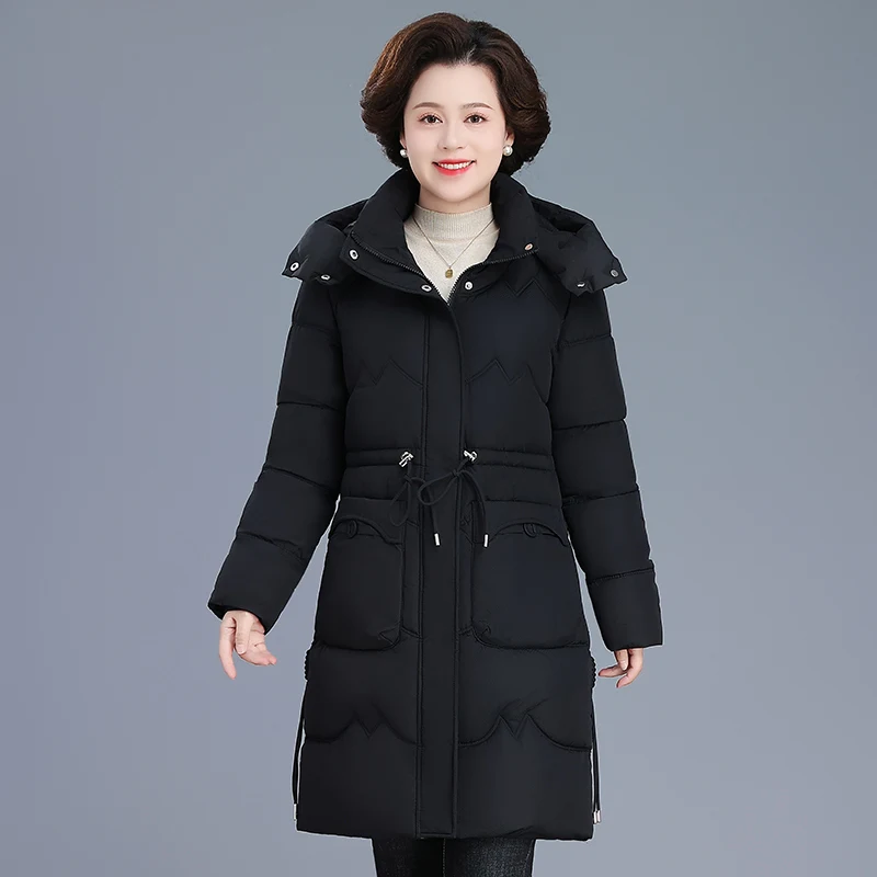 

Утепленное длинное пуховое пальто из хлопка для женщин среднего возраста, модное теплое зимнее пальто до колен из полиэфирного волокна на молнии