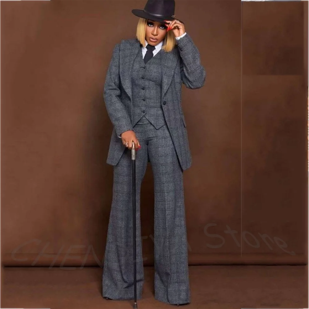 Luxury Plaid Grey Suit For Women High Quality Peaked Lapel Single Button Formal Modern Female Outfit 3 Pieces(Blazer+Vest+Pants)