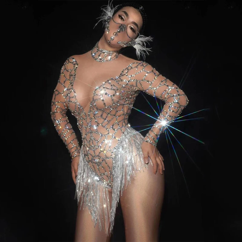 Hot Sale Nude Jumpsuit Silver Rhinestone Sequined Fringe Dress Women Singer Dj Gogo Dance Costume Party Rave Stage Wear