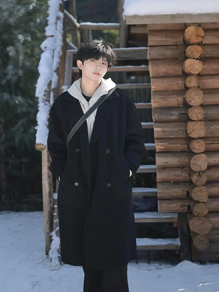 

Korean Sle Men's Bla Woolen Coat Autumn Winter Aosphere Sensation Long Coat Casual Faion Trendy Double Breasted Coat