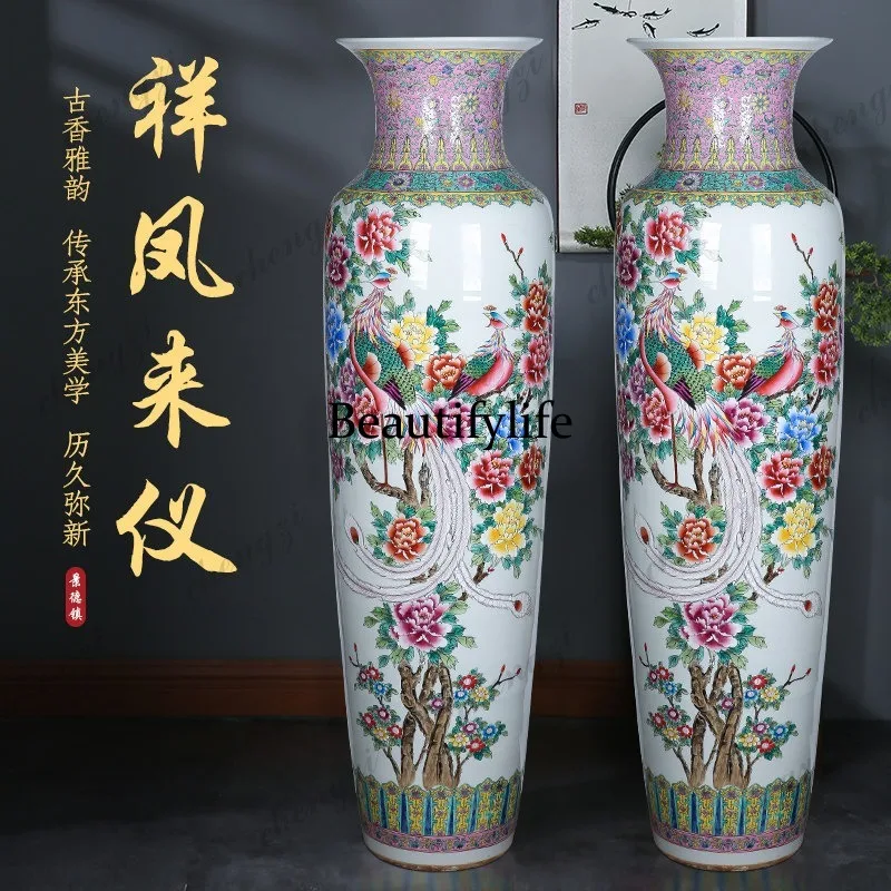 Jingdezhen ceramic hand-painted pastel porcelain floor-to-ceiling large vase living room hotel villa ornament large