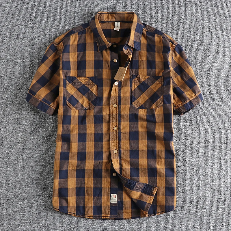 Classic yarn-dyed plaid short-sleeved men\'s shirt summer daily trend all-match washed cotton shirt half sleeve