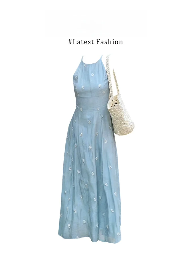 

Parkyeon Summer New Embroidered Floral Neck Hanging Sleeveless Dress Women Slim Waist Long Skirt French Style Casual Daily Wear