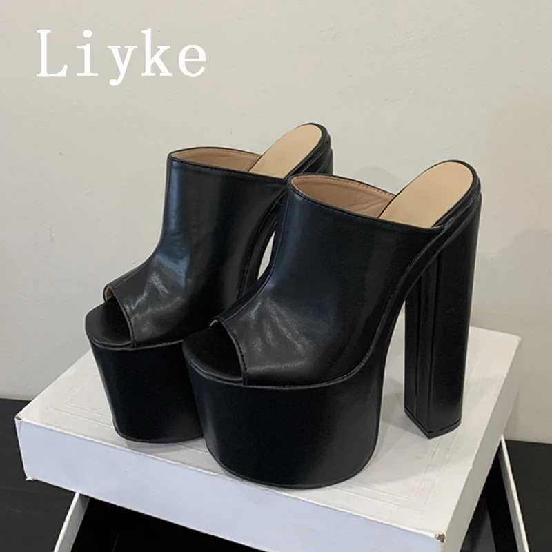 Liyke Runway Fashion 18CM Extreme High Heels Ladies Party Night Club Shoes Sexy Peep Toe Chunky Platform Women Slippers Sandals view 6