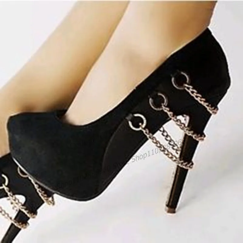 

Black Suede Platfrom Chain Decor Shallow Pumps Thin High Heel Women Shoes Slip-On Round Toe 2023 Fashion Zapatos Para Mujere