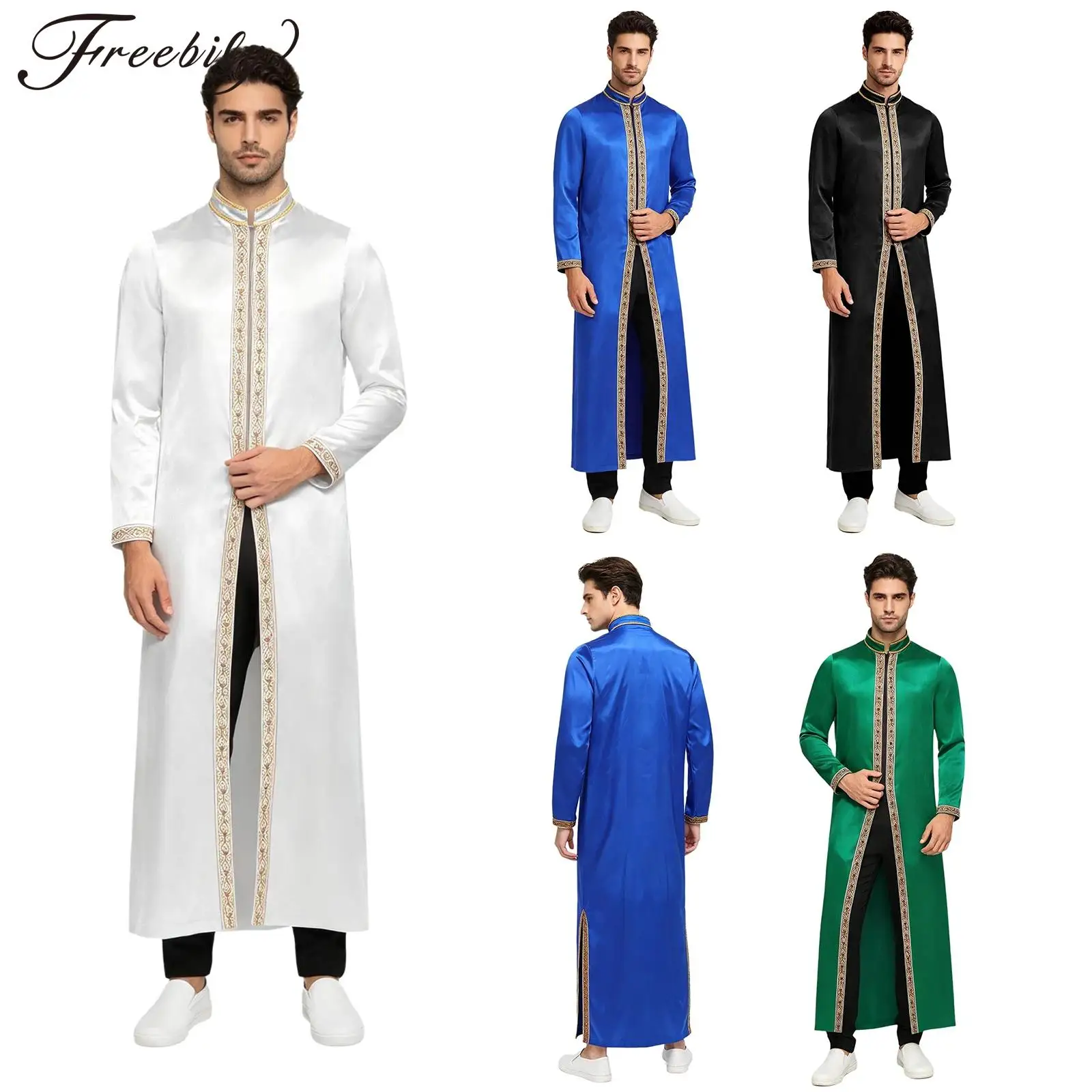 

Мужская мусульманская исламская сатиновая роба с длинным рукавом, на молнии спереди, с разрезом по низу, Абайя, Арабский Кафтан, Тоб, Плащ