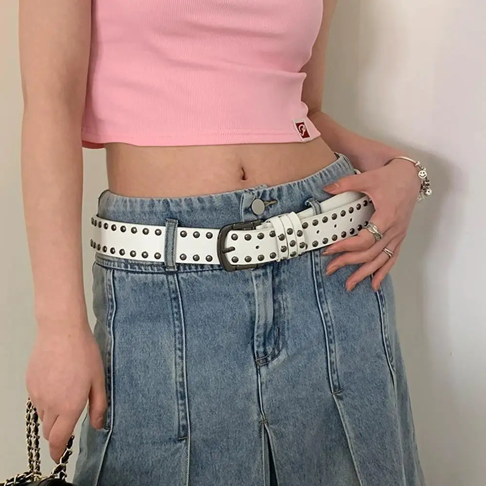 

Heavy Metal Waist Belt Y2K Jeans Decor Waistbands Double-row Rivets Belt Alloy Needle Buckle Luxury Studded Leather Waist Strap