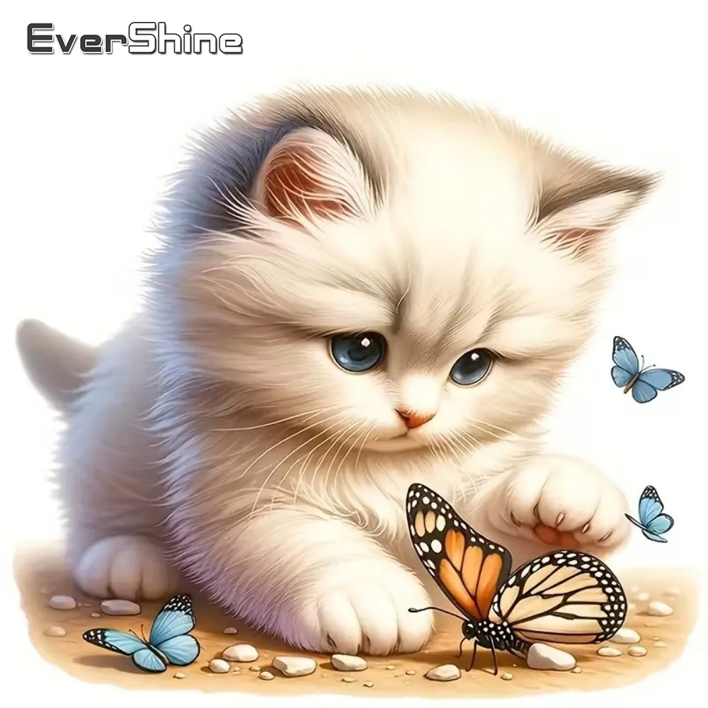 EverShine Vollquadratische Runde Diamant-Stickerei Katze Tier Malerei Schmetterling Bild Strass Diamant Mosaik DIY Wandkunst