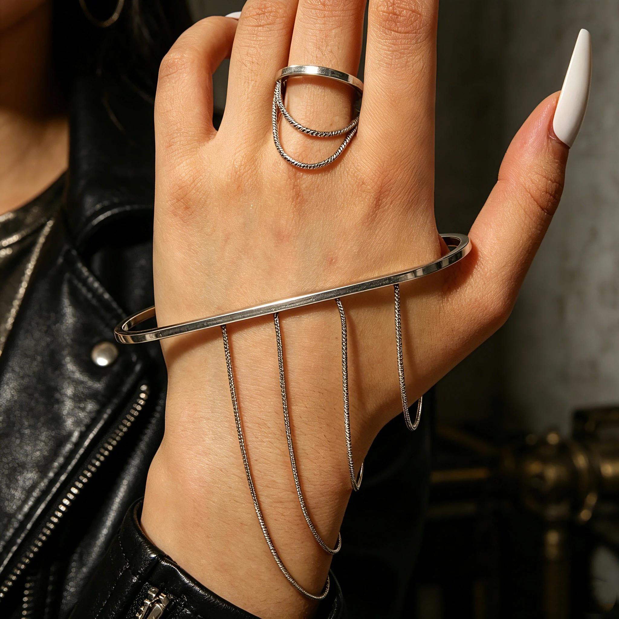 Punk Edelstahl Handgelenk-Armband und Ring Set für Damen und Herren, Y2K Schlangenkette Quasten-Armreif Ring, Hip-Hop Party Schmuck, Wasserfest – Detail 3