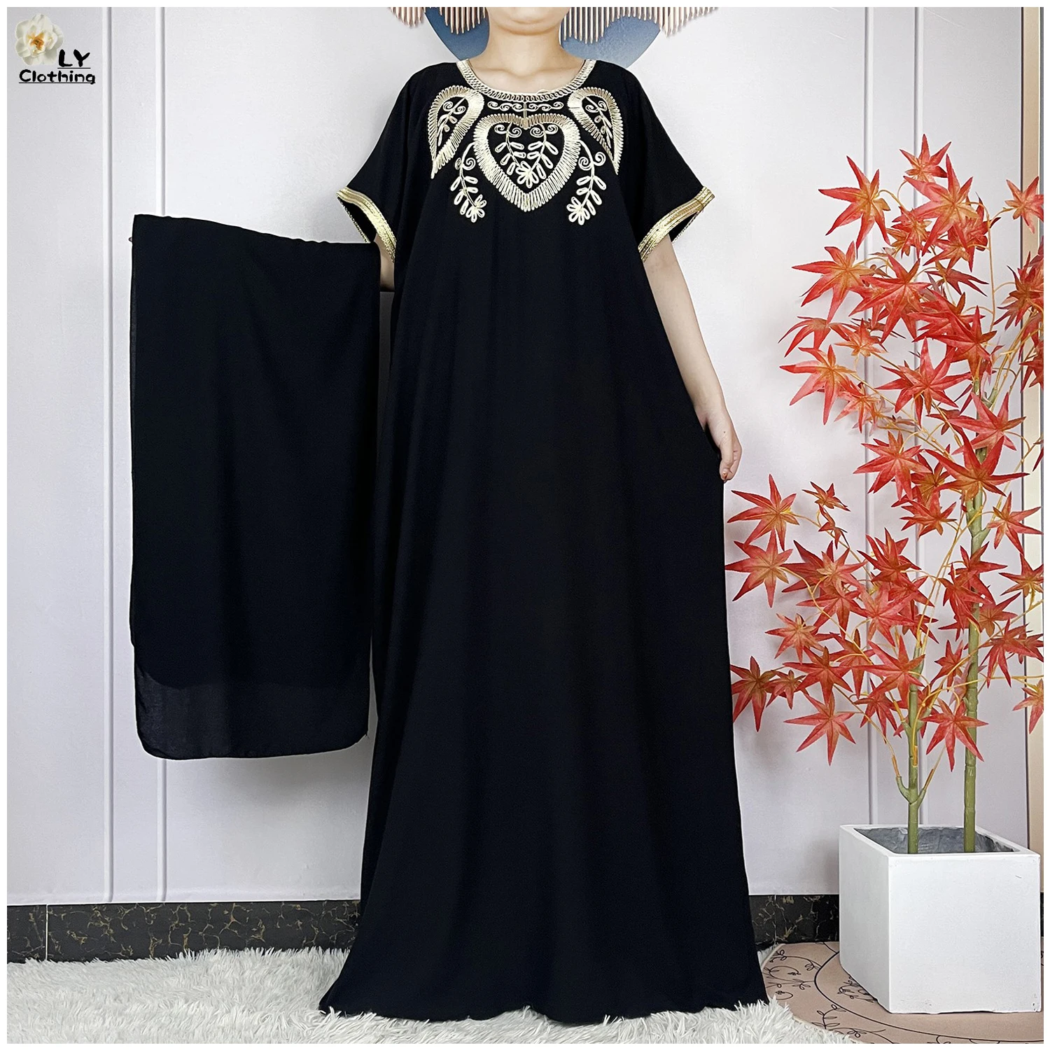 2024 New Summer Short Sleeve African Abaya Cotton Pure Color Embroidery Loose Woman Maxi Islam Tradition Dresses With Headscarf