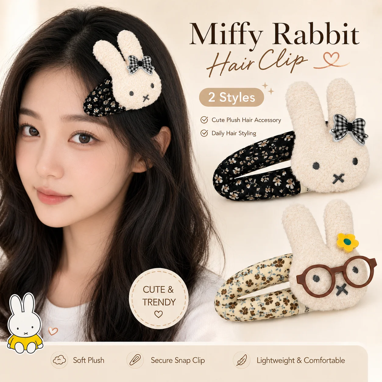 Cute Miffy Rabbit Plush Hair Clip Kawaii Cartoon Hairpin Floral Fabric Barrette Sweet Hair Accessory Decorative Snap Hair Clips