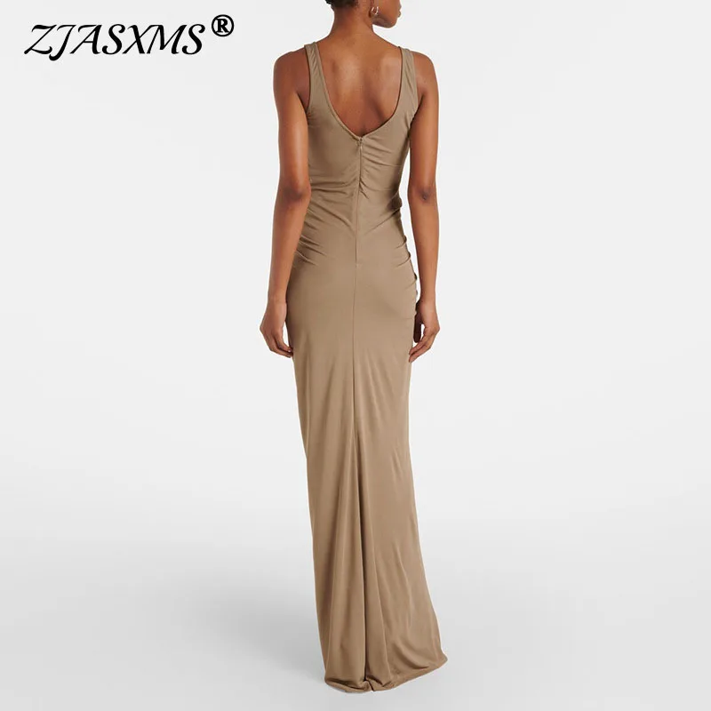 Primavera Verano sin mangas elegante vestido largo mujer Sexy U asimétrico hueco volante vestido de fiesta elegante sólido ajustado vestido con cremallera sin espalda