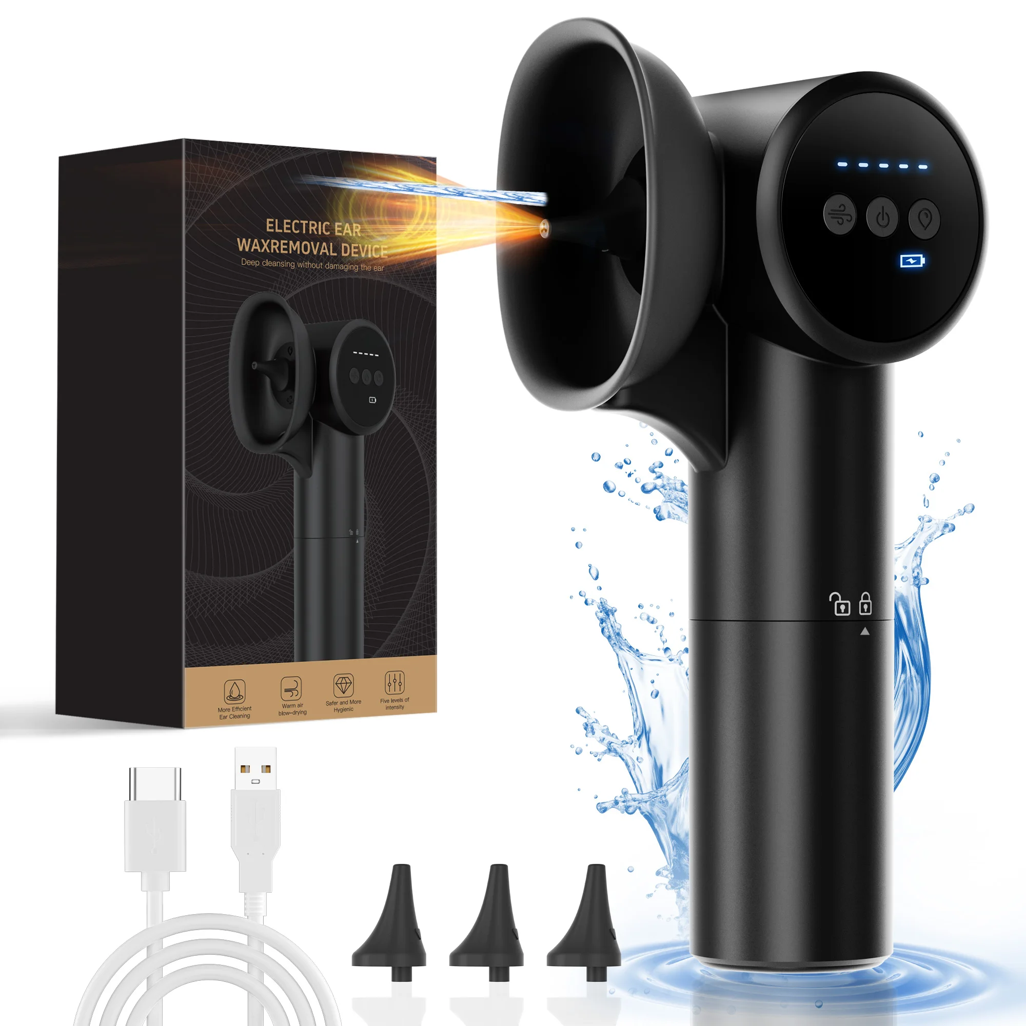 Ear Wax Cleaner Kit Ear with Mild Drying Safe Ear Cleaner with Dual-Compartment Design, Ear Wax Removal IPX7 5 Pressure Settings
