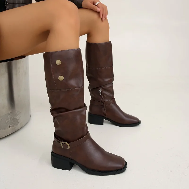 

Винтажные плиссированные женские сапоги до колена на толстом каблуке, лаконичная обувь с пряжкой на ремне, осенне-зимние женские высокие сапоги рыцаря с квадратным носком