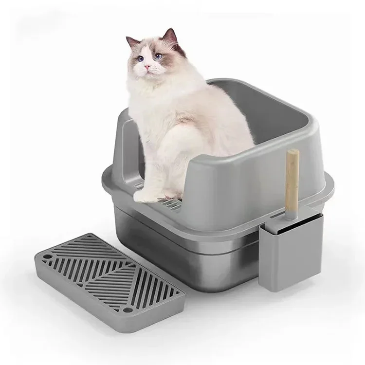 New Cat Sandbox Pan Square Stainless Steel Kitty Litter Boxes with Filter