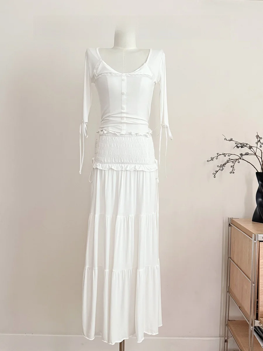 

White Lace Top And Half-length Skirt Two-piece Set LUCKYMAN Evening Light Pure Desire Polyester Fiber Summer Collection
