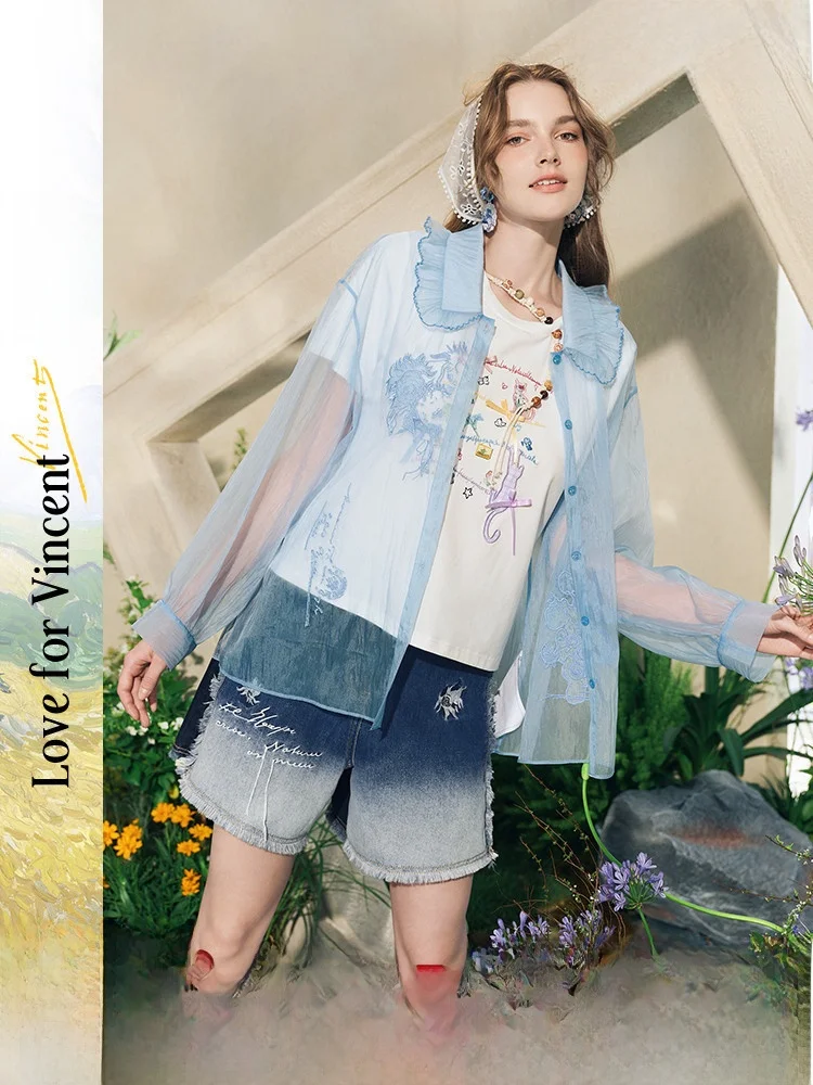 

Женская летняя рубашка свободного кроя с цветочной вышивкой и прозрачным кружевом, на пуговицах, однотонная, 2025