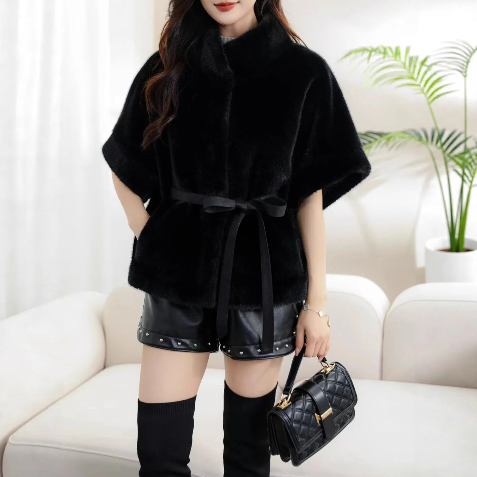 Mantel Bulu Imitasi Wanita Jaket Bulu Solid Fleece Kerah Tegak Berikat Tali Lengan Pendek Tebal Hangat Bulu Longgar Kasual Musim Gugur Musim Dingin 2025
