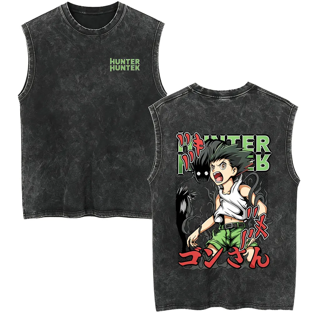 Anime Hunter X Hunter Vintage Washed Tank Tops Manga Killua Zoldyck Gon Freecss Merch Sleeveless Vest Men Women Casual T Shirts