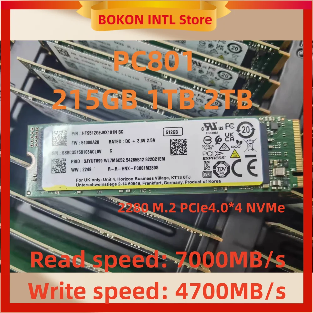 PC801 512G 1T 2T 2280 M.2 PCIe4.0 * 4 NVME ACNS075 control principal 256G para unidad de estado sólido de computadora SKhynix caché independiente