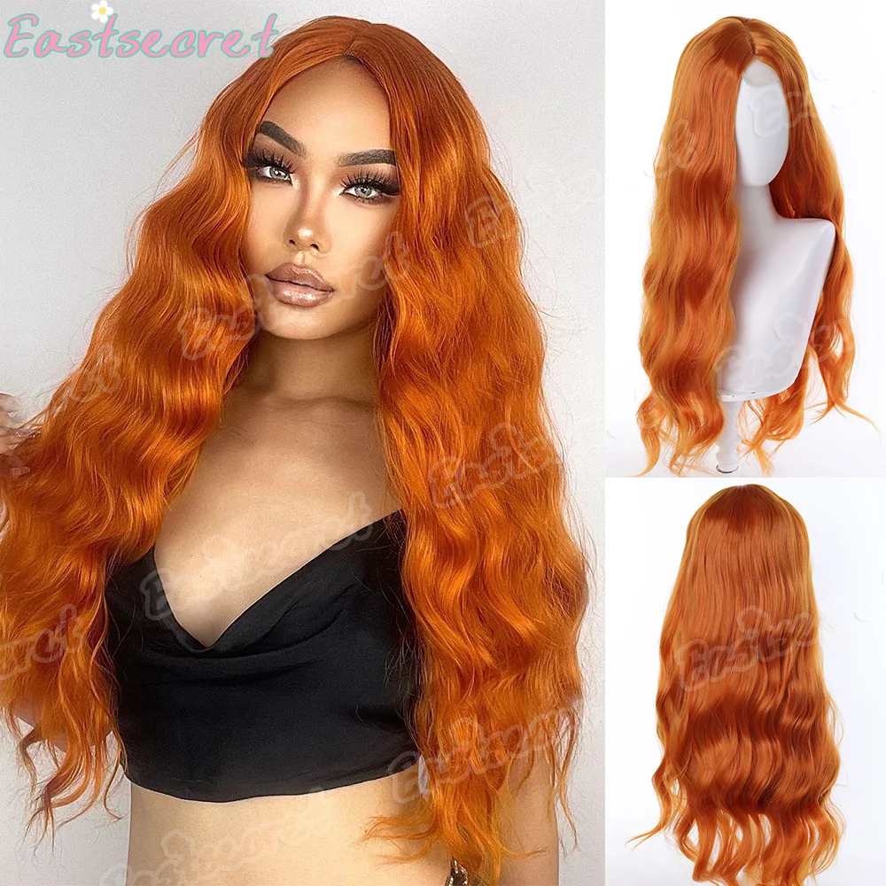 

EAST New fashion orange synthetic wig with fringe long curly hair festival daily wig high temperature silk full head cover