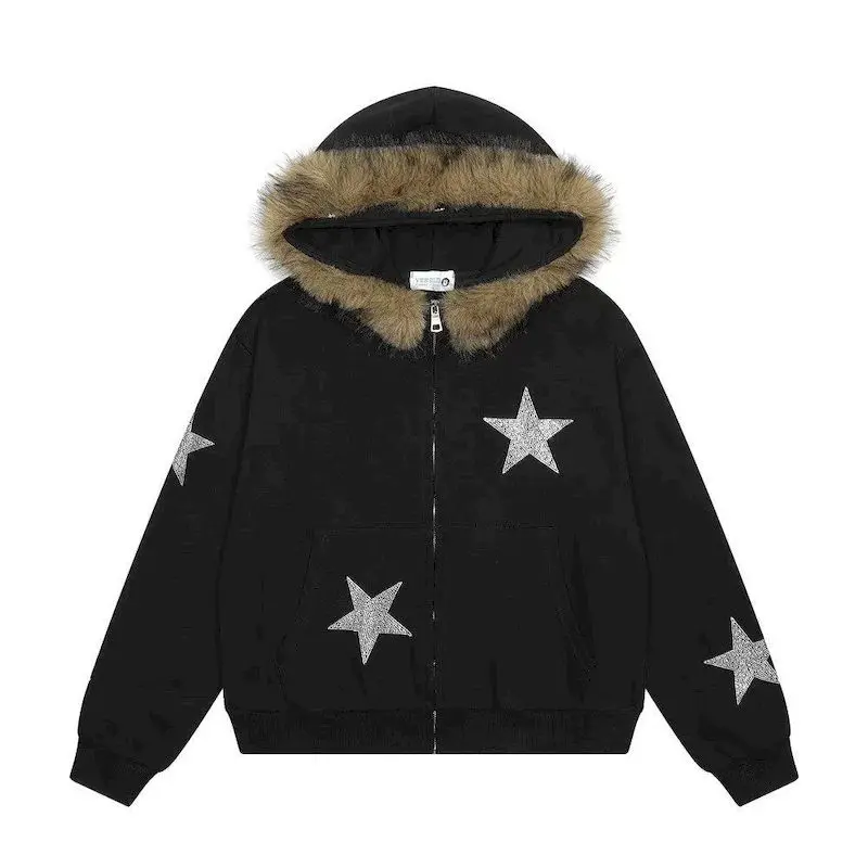 American Retro Hooded Coats for Women and Men Star Paillette Trim Hoodie Cardigan with Removable Fur Trim Hooded Sweatshirts