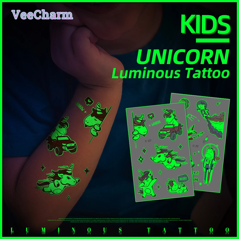 

VeeCharm - Cute Unicorn Temporary Luminous Tattoos for Kids, Birthday Party Favors/Decor, Tattoo Sticker, Gifts , 1/24 Sheet