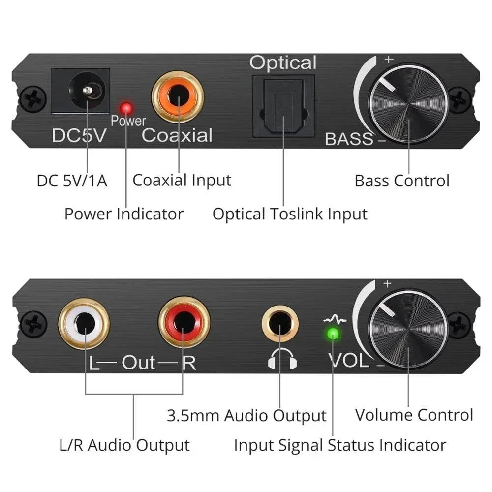 デジタル - アナログ オーディオ コンバーター 192KHz DAC デジタル SPDIF 同軸光 - L/R RCA オーディオ アダプター、低音と音量コントロール付き