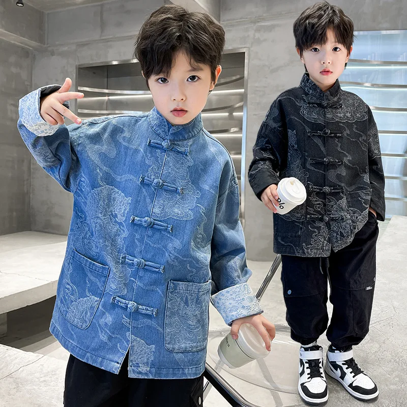 Boys' Hanfu Kids New Chinese Style Tiger Print Denim Jacket Children's Traditional Coat Button Down Top Kung Fu Clothing