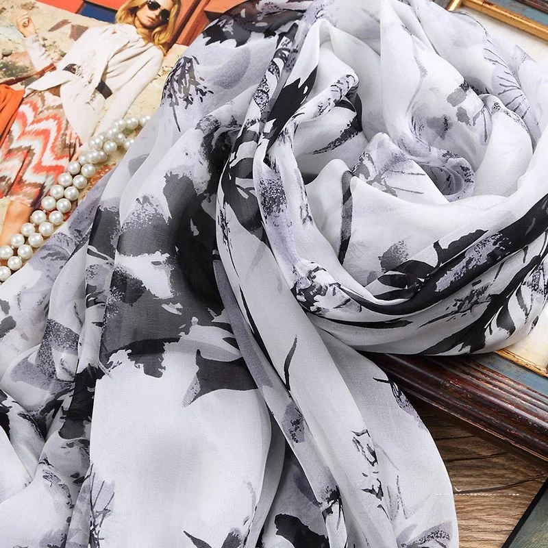ロングブラックホワイト竹シルクスカーフ-00-桑シルク女性のショール春秋冬多用途韓国スタイルプリントスカーフ