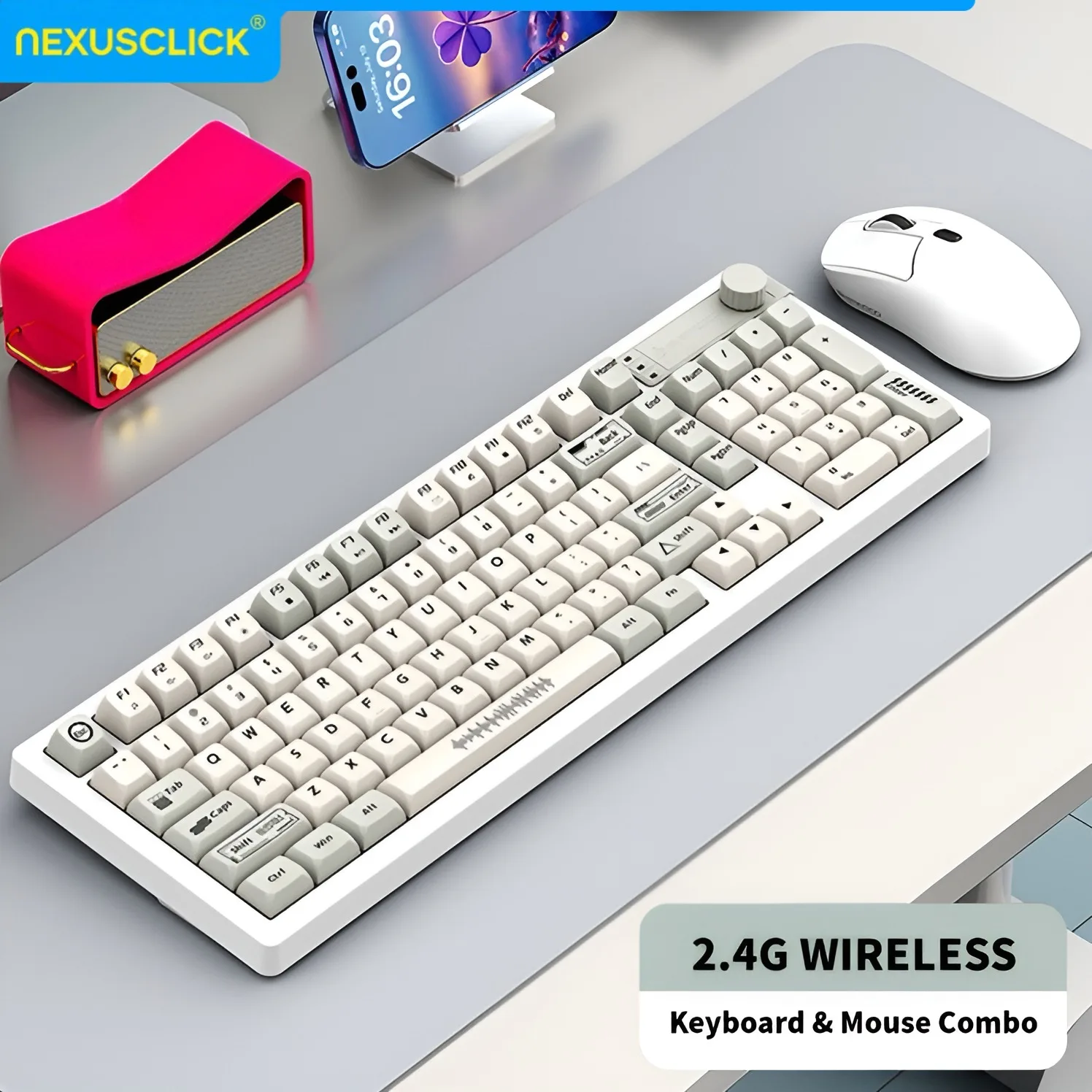NexusClick 98 Keys Color Matching Wireless Keyboard Mouse Set,Mechanical Feel 2.4G Power Saving for Gaming Office Men Women Word
