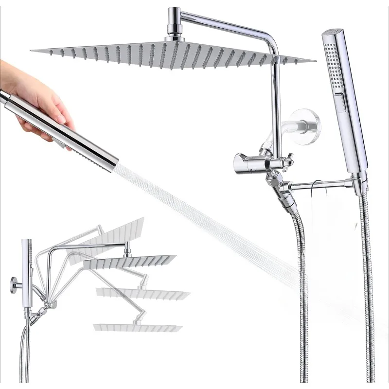 

All Metal 12'' Rain Shower Head with Handheld Spray Combo Adjustable Z-shaped Extension Arm,79" Extra Long Hose,3-Way Diverter