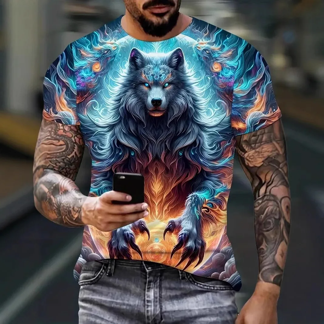

Trendy street cool short sleeved 3D digital printed wolf pattern custom loose round neck casual T-shirt for men
