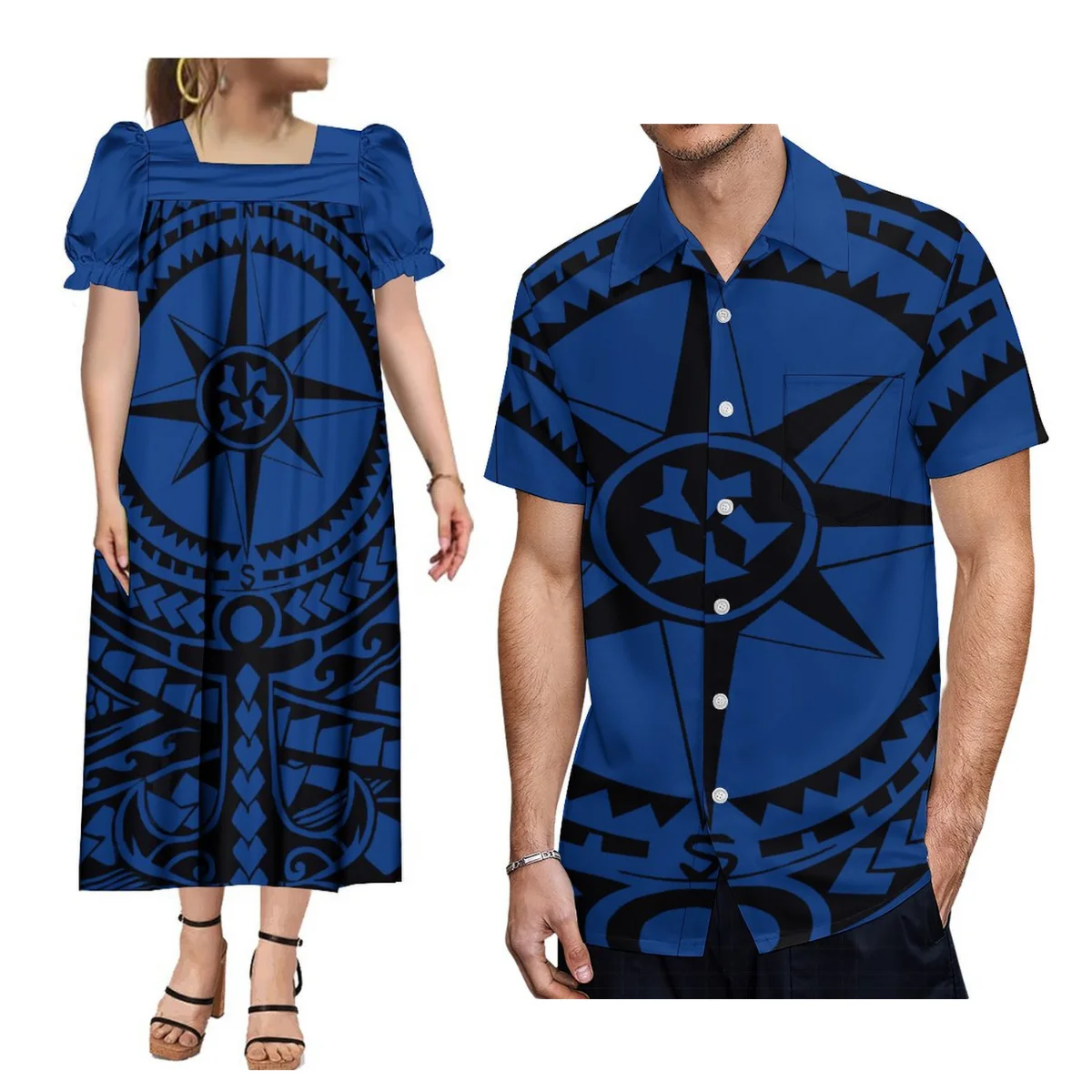 

Mumu Women'S Short Sleeve Dress Hawaiian Men'S Pocket Shirt Plus Size 9xl Polynesian Tribal Couple Suit