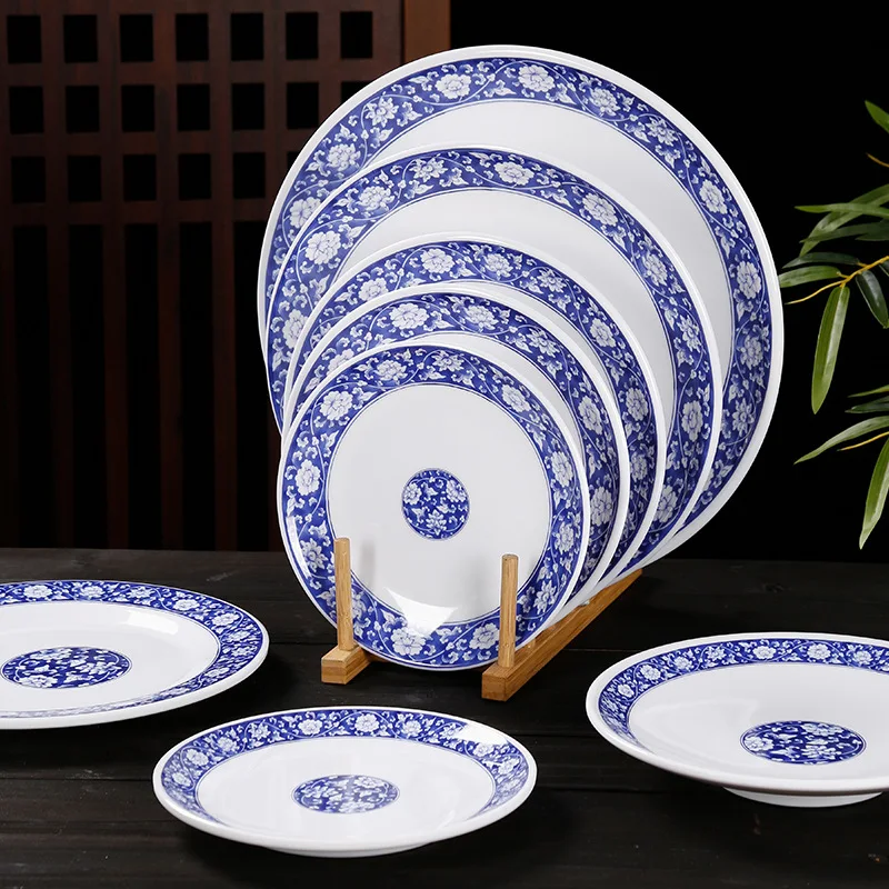 

Round Melamine Tableware, Imitation Blue and White Porcelain Plastic Plate, Restaurant Service Board, Barbecue, Fruit Plate