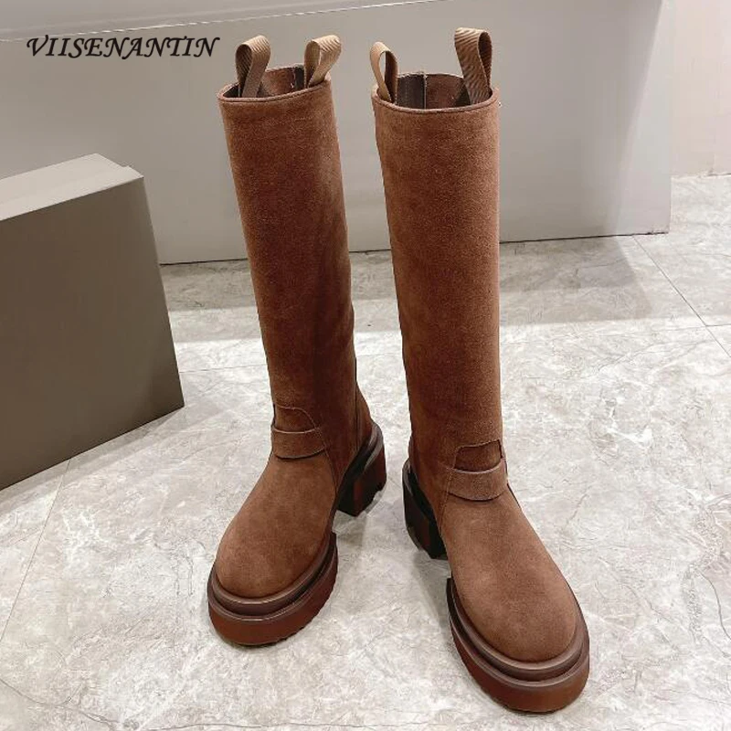 

Round Toe Platform Chunky Heel Women Knee High Boots Winter Autumn Real Leather Slip on Knight Boots Winter Design Shoes Females